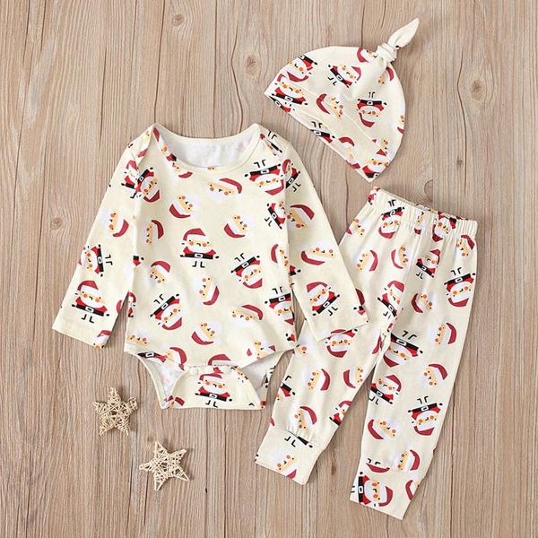 

clothing sets born outfits set infant baby boys girls 2021 autumn winter christmas santa cartoon o-neck romper+pants+hat kid cotton clothes, White