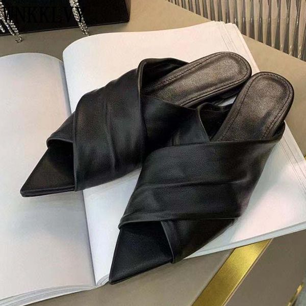 

slippers summer crossover beach woman genuine leather pointed toe flat casual sandals 2021solid color comfortable flipflops, Black