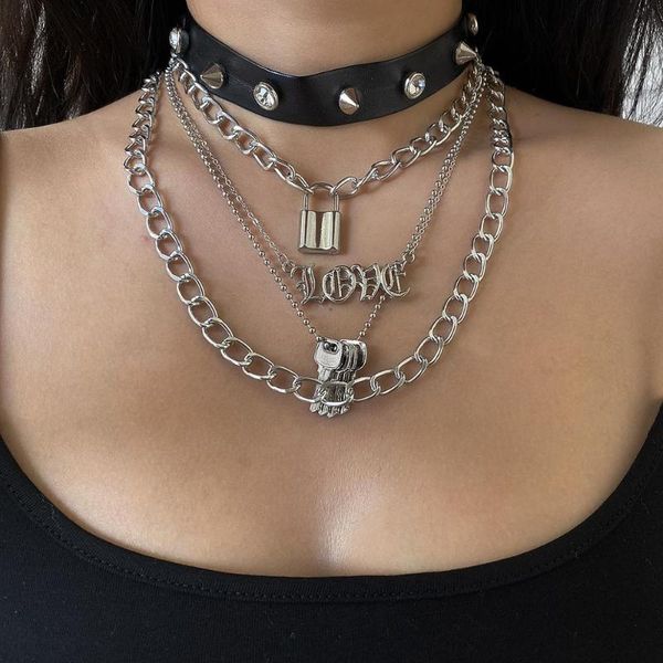 

punk multi-layers padlock love key pendant necklace for women girls gothic spike rivets leather choker hiphop jewelry chokers, Golden;silver