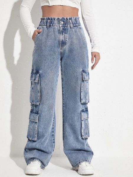 

high waisted flap pocket cargo jeans p0dq#, Blue