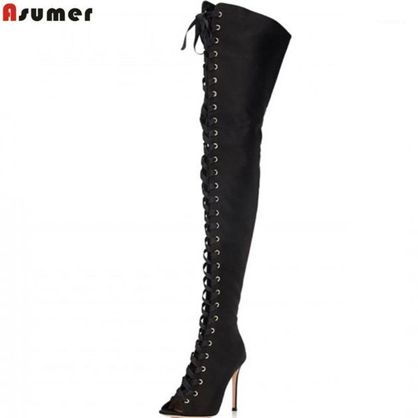 

black red apricot fashion women boots super high ladies prom peep toe zipper cross tied over the knee1