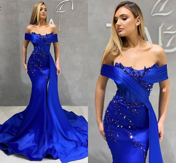

satin royal blue mermaid evening dress 2022 beads long prom gown off the shoulder court train backless vestidos de noche robe de soriee, Black