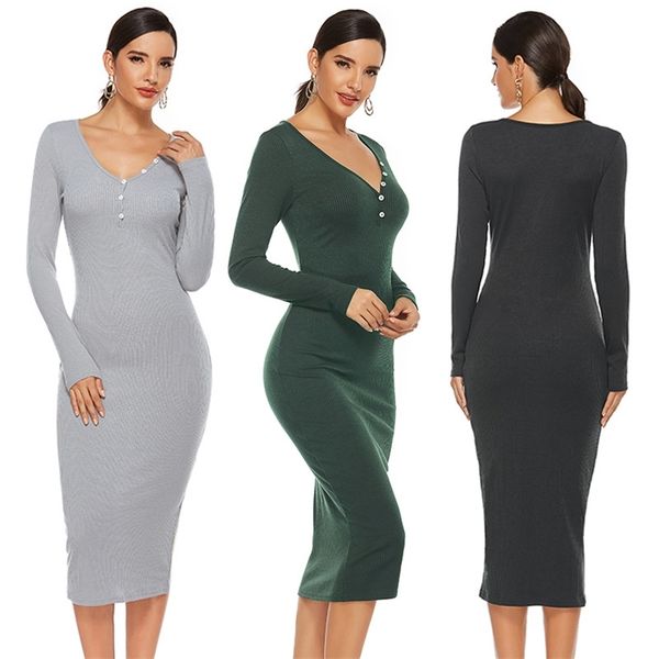 

women autumn winter elegant knitted midi dress v neck long sleeve button solid casual slim hips party vestidos 210520, Black;gray