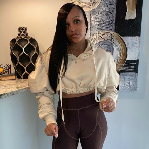 

long puff sleeve hoodies women sweatshirts crop winter spring clothing outerwear for teens casual loose zip up hooded, Black;white