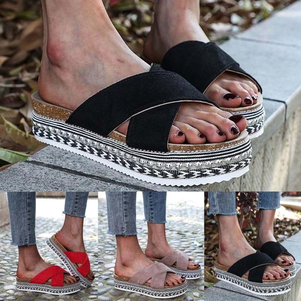 

women's slippers fashion solid color cross strap casual platform sandals ladies summer bohemia beach shoes plus size, Black