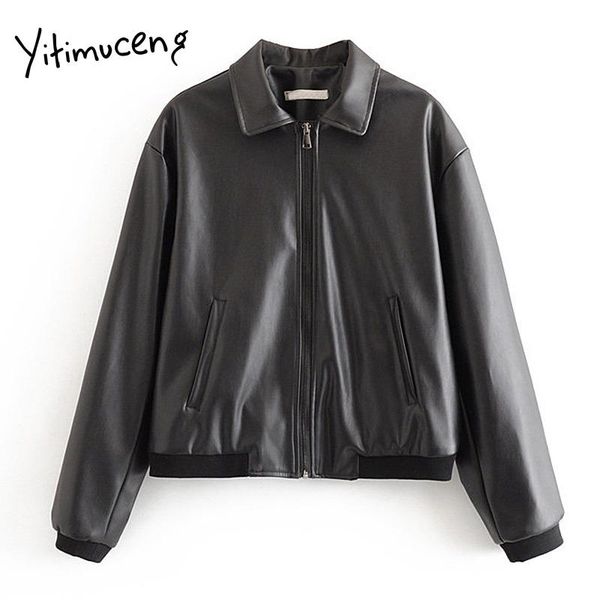 

women's leather & faux yitimuceng womens jackets and coats 2021 loose fashion vintage balck pu moto biker autumn winter coat women, Black