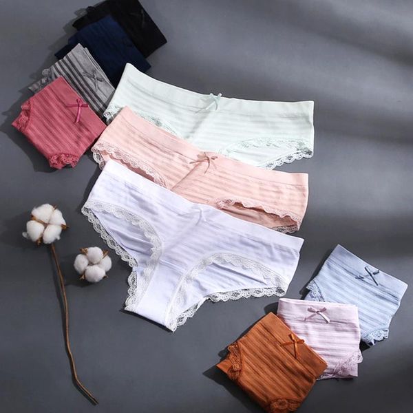 

women's panties finetoo women -3xl lace striped briefs ladies fashion low waist comfort solid color underwear girls intimates lingerie, Black;pink