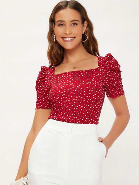 

puff sleeve allover heart print l9f7#, White