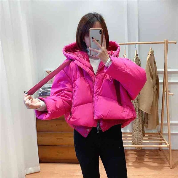 

7402021 winter short hooded drawstring white duck down m family jacket loose long sleeve warm women's fashion, Black
