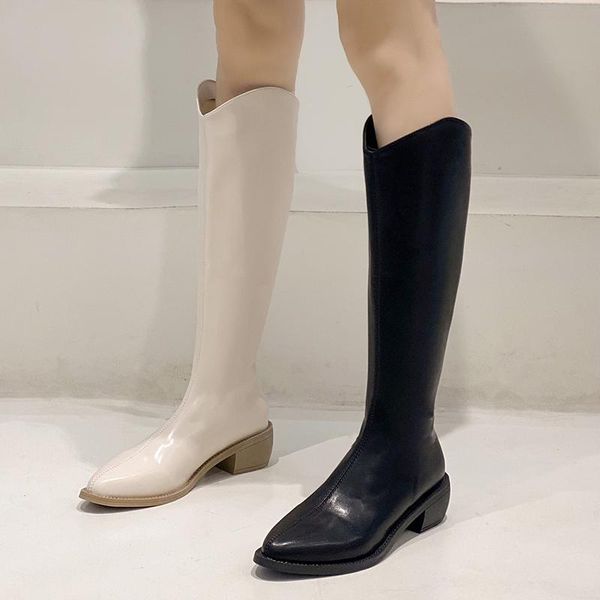 

boots med heel back zip boots-women luxury designer zipper winter footwear female shoes 2021 fashion over-the-knee ladies pointy, Black