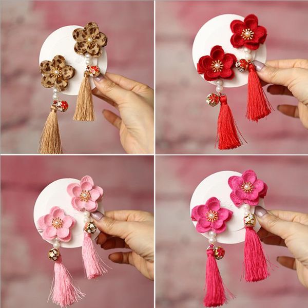 

10pairs/lot chinese style year tassel flowers kids hair clips accessories cute small bell girls hairpins headwear, Slivery;white