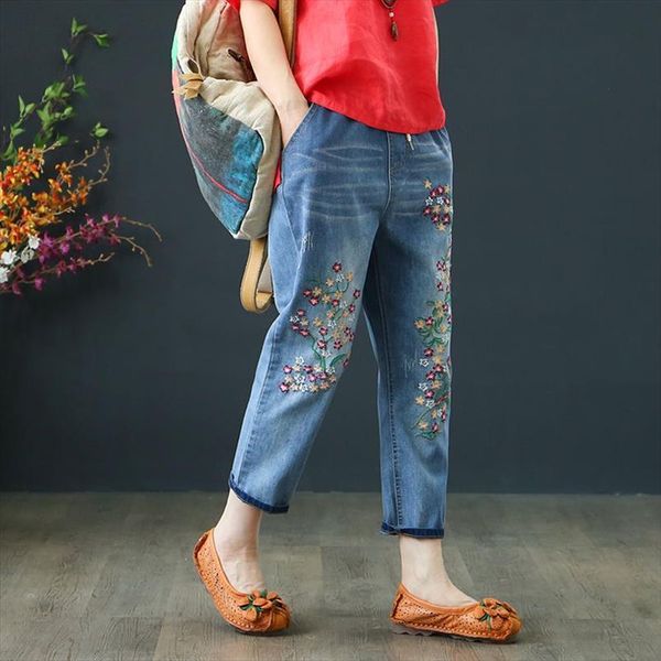 

baggy jeans high waist womens pants plus size mom trousers denim embroidery loose ankle length harem elastic, Black;white