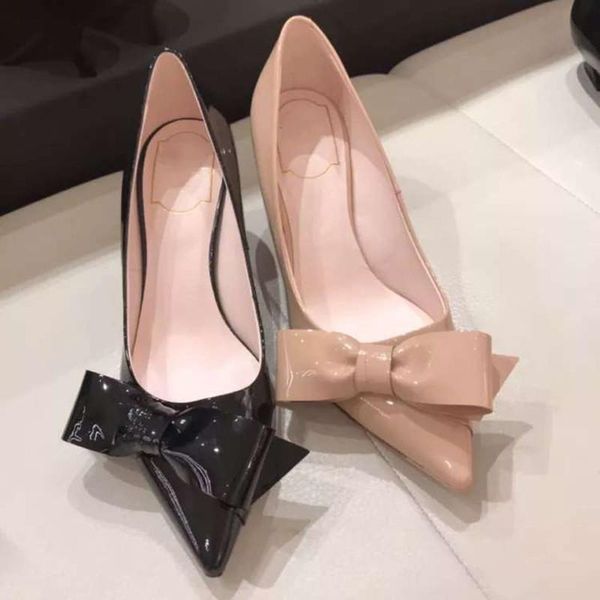 

dress shoes patent leather bow pumps women brand pointed toe strange high heel wedding party 2021 fall winter look, Black