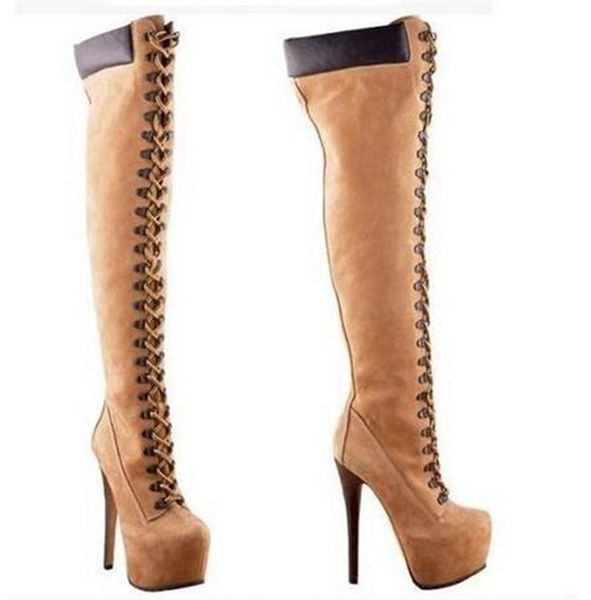 

boots sestito woman thick platform round toe motorcycle lady mixed color lace-up over-the-knee girls super high heels, Black