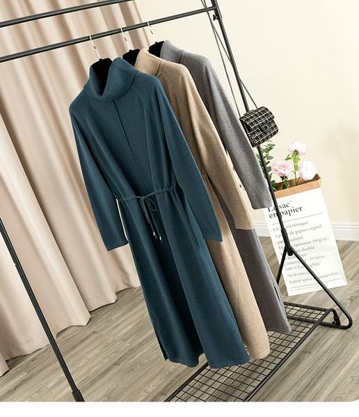 

chic women long knit midi dress turtleneck cowlneck drawstring straight autumn winter knit party maxi dresses femm, Black;gray