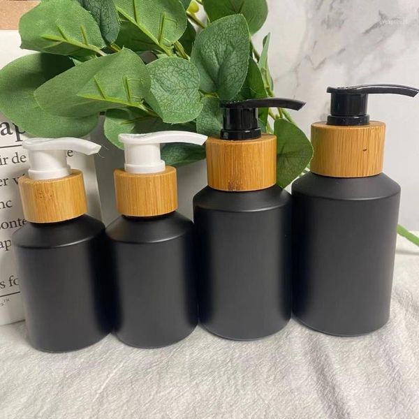 

oz 60ml 100ml black frosted glass spray bottle pump bamboo shampoo cap lotion lid, cosmetic packing for liquid oil storage bottles & jars