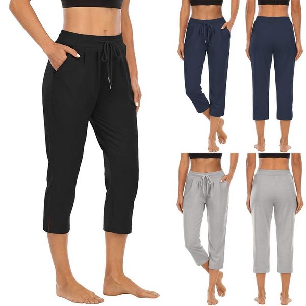 

yoga outfit women's pure color high waist pocket sports fitness wide leg capris pants solid loose breathable cropped trousers
