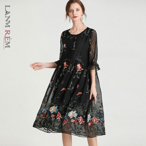 

women big size printed chiffon embroidery dress round neck long sleeve loose fit fashion tide spring 2e1068 210507, Black;gray