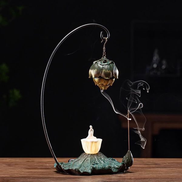 

backflow incense burner with led light smoke waterfall stick holder lotus ceramic hanging ball zen plate 20 pcs cones fragrance lamps