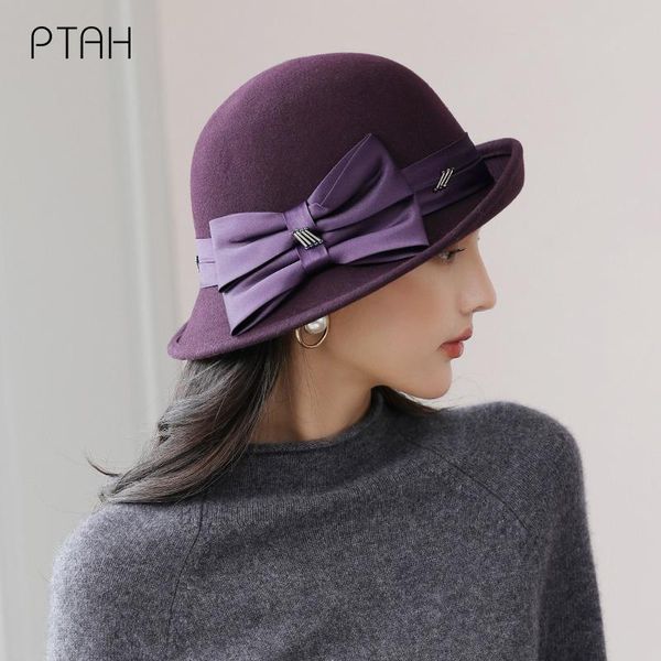 

stingy brim hats [ptah] woolen fedoras for women fashion temperament elegant autumn winter caps ladies 100% australian wool, Blue;gray