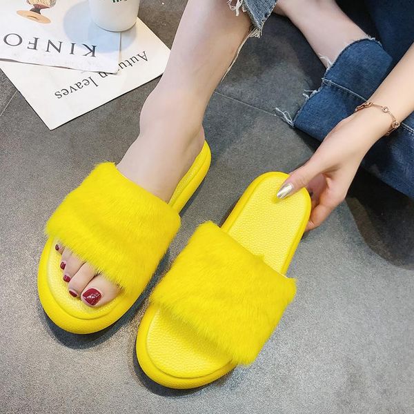 

slippers thick sole slides women fur platform shoes summer beach casual soft zapatos mujer 2021, Black