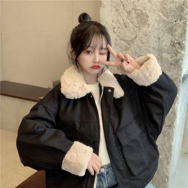 

women's down & parkas 2021 winter woman plus velvet padded fur collar small jacket korean fashion warm thickened jackets women clothing, Black