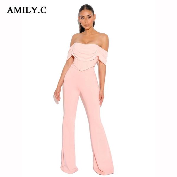 

amily.c 2021 women's fashion 2 two-piece off-shoulder short & high waist wide leg pants celebrity party bandage set two piece, White