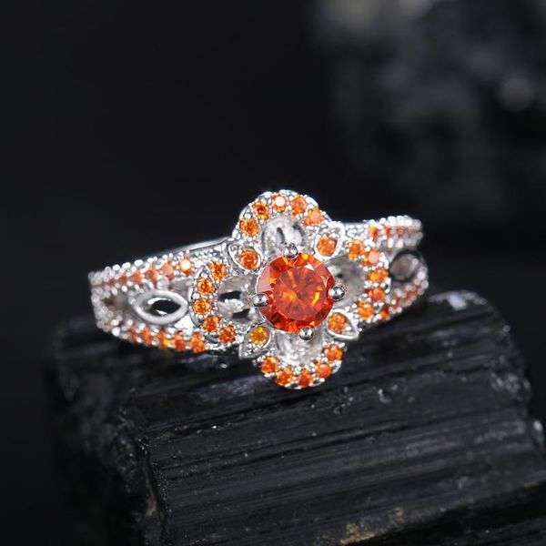 

wedding rings luxury bright full mosaic orange zircon stone ring hollow band ladies party dress accessories jewelry engagement, Slivery;golden