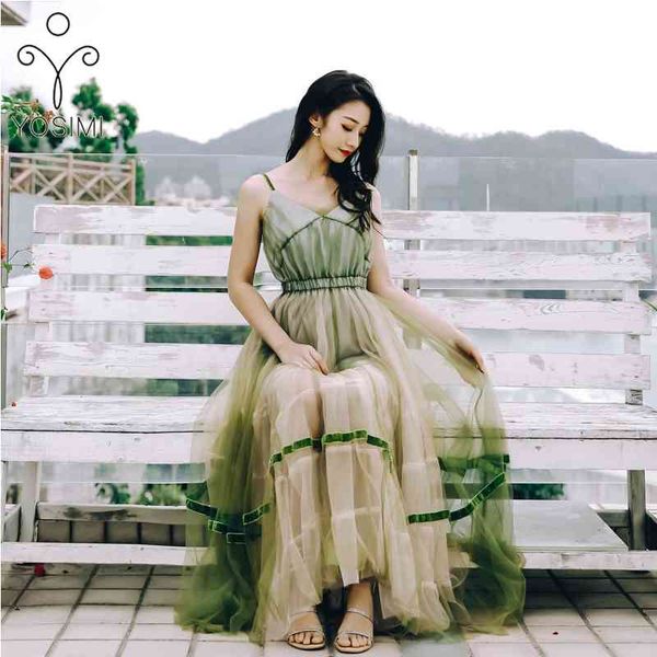 

yosimi v-neck sleeveless women dress summer maxi green mesh long backless tunic bohemian beach vestidos 210604, Black;gray