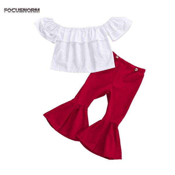 

2-7y fashion girls clothes sets off shoulder white t shirts flare long pants 2pcs outfits