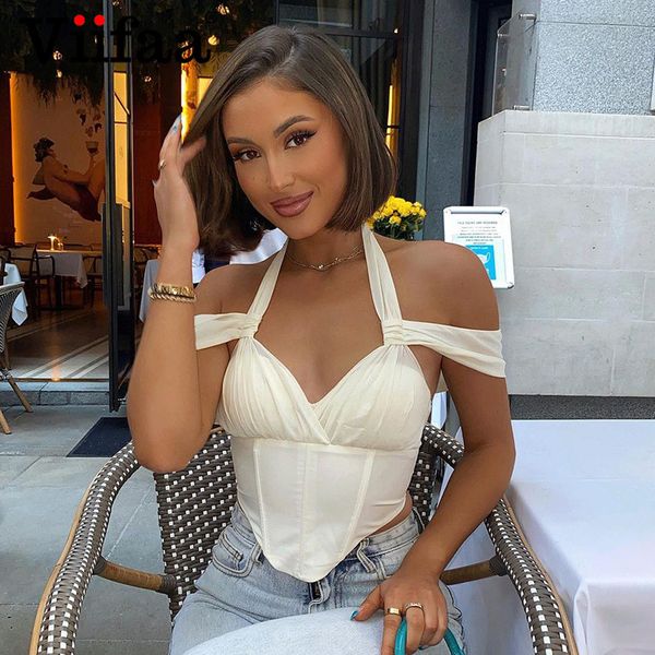 

viifaa v-ne halter cold shoulder tanks camis elegant party women slim corset baless going out solid crop high quality, Black;gray