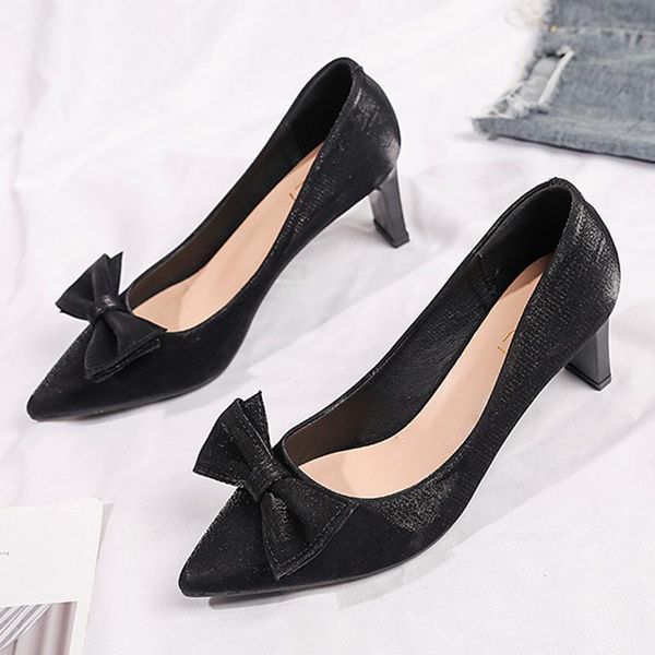 

dress shoes plus size 34-43 bow-knot pumps woman slip on satin talons hauts single pointed toe stiletto high heels women 2021, Black