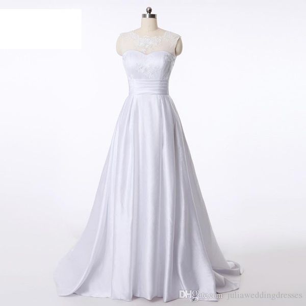 

stock a-line white satin plus size wedding dresses bridal gowns with appliques floor-length party gown qc1148