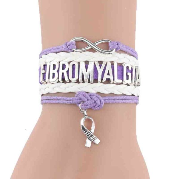 Infinito Esperança Encantos Fibromialgia Mulheres Pulseira Pilhas De Couro Briad Rope Envoltório Pulseiras Pulseiras Para As Mulheres Homens Jóias