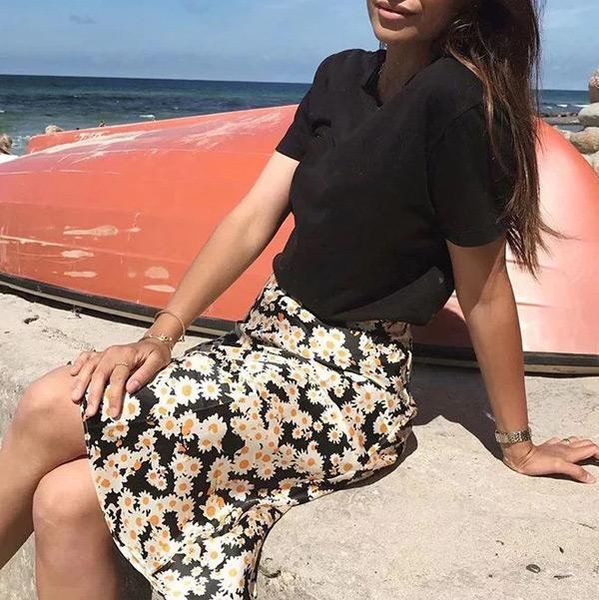 

skirts falda de sirena con estampado floral para mujer, seda margaritas y cintura elÃ¡stica, elfbop p81, Black