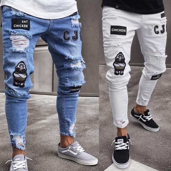 

men's jeans men tight elastic rip motorcycle embroidered printed destructible holes tape fit grab pattern high quality, Blue