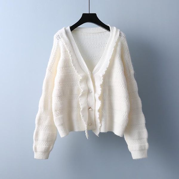 

women's knits & tees sweet style ruffles knitted women sweater cardigan winter 2021 v-neck loose thicken warm female outwear coats, White