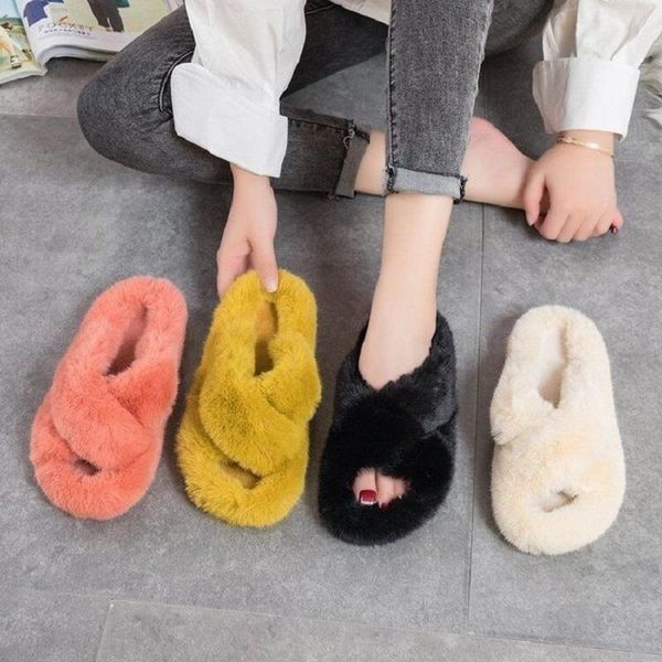 

slippers winter women home cotton shoes furry warm faux fur fashion cozy houes floor slip on flats 2021 female, Black