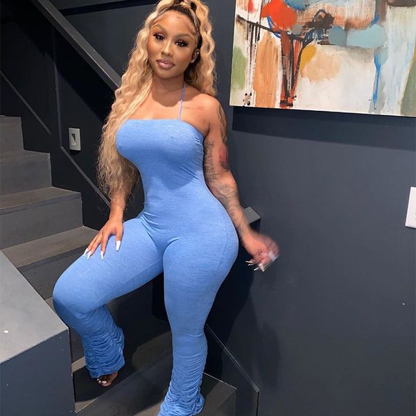 

ruched stacked pants one piece jumpsuit women clothing club outfits halter backless bodycon rompersby air, Black;white
