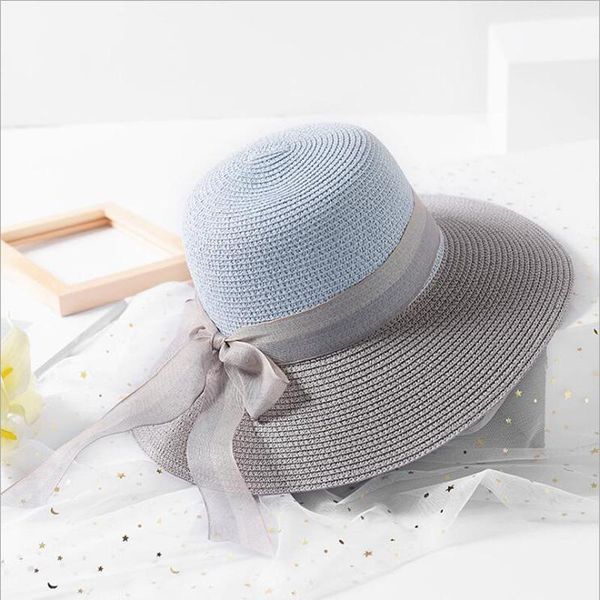 

fashion hepburn wind ribbon patchwork bowknot summer sun hat beautiful women straw beach large brimmed wide brim hats, Blue;gray