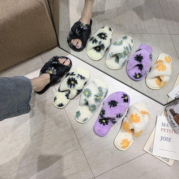 

winter slippers warm shoes woman faux fur women autumn slip on flip flops female slides plus size, Black