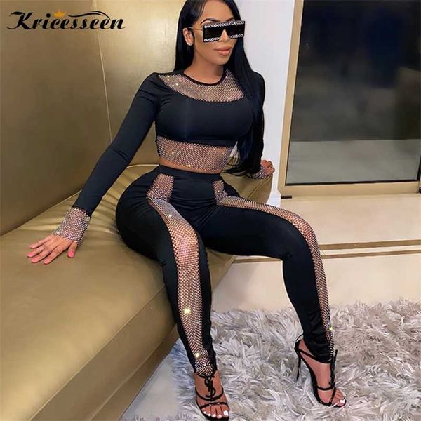 Kricesseen Sexy Black Diamond Crystal 2 pezzi Pant Set Donna O Neck Top e pantaloni lunghi Suit Party Clubwear Matching 211105