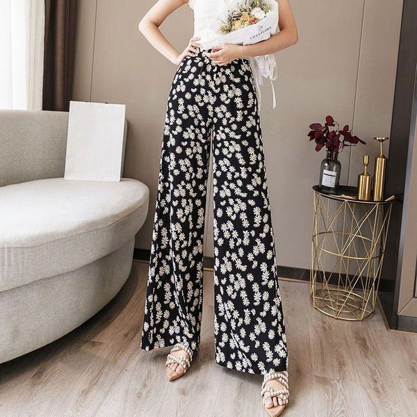 

women's pants & capris harajuku daisy printing trousers women wide-leg flared 2021 summer korean fashion drape high waist wide casual, Black;white