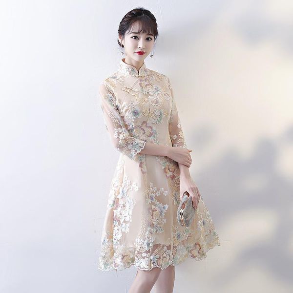 

ethnic clothing short cheongsam dress fashion women traditional chinese wedding gown qipao embroidery oriental collars china bride, Red