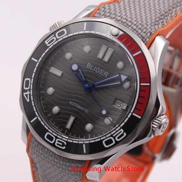 

wristwatches bliger 41mm automatic mechanical mens watch luxury clock rubber strap luminous waterproof military calendar wristwatch men, Slivery;brown