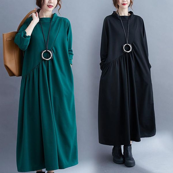 

casual dresses summer and autumn fashion women's retro knitted long-sleeved loose sundress long dress kaftan femme solid party vestido, Black;gray