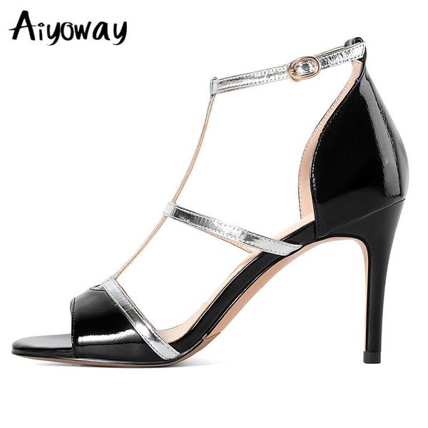 

aiyoway arriva women sandals summer thin high heels genuine leather peep toes buckle strap woman party shoes black beige