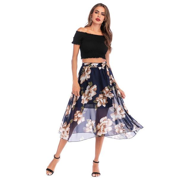 

skirts bohemian print summer womens ruffle pleated floral short boho skirt female high waist chiffon beach mini, Black