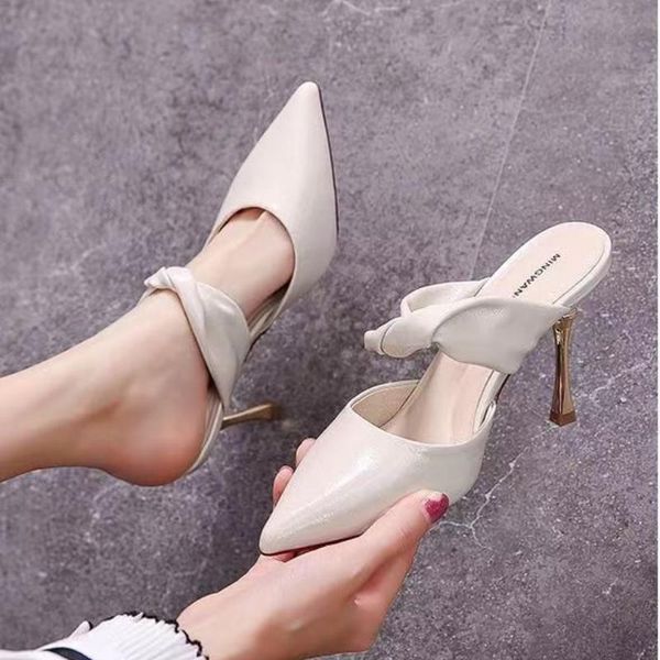 

sandals summer fashion women pu leather slip-on slippers high thick heel female pointed toe slide mules ladies elegant outdoor shoes, Black