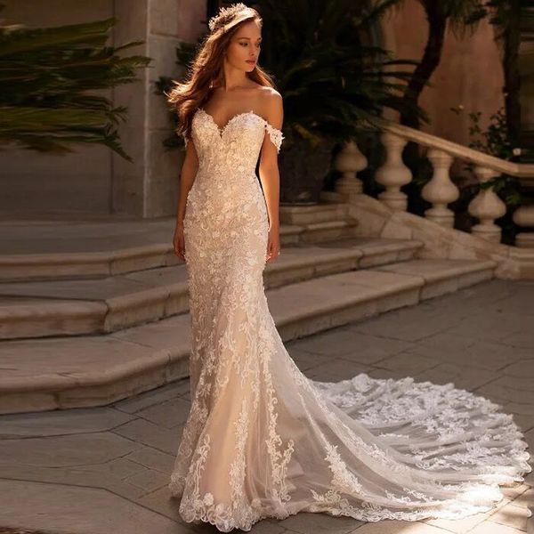

sweethear lace mermaid wedding dress bridal gowns off shoudler court train backless tulle bride dresses vestidos de novia, White